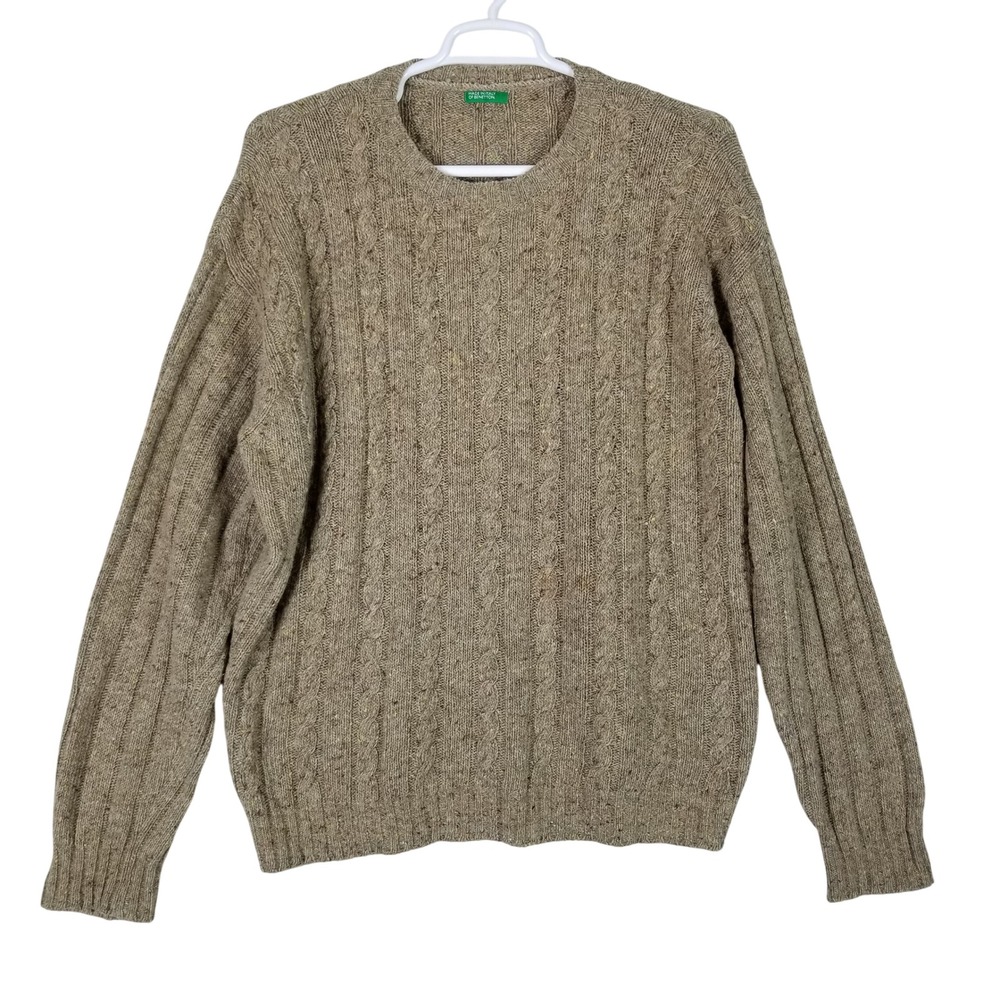 United Colors of Benetton Sweater Mens XL Tan Wool Blend Cable Knit Italy 179s
